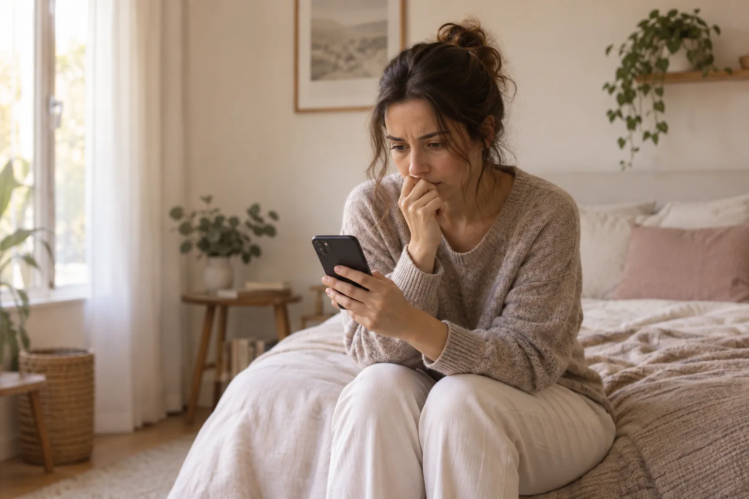Mujer mirando el móvil con preocupación mientras espera una respuesta de WhatsApp