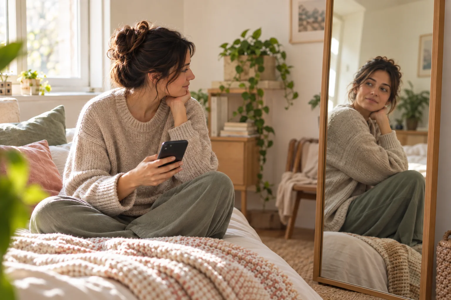 Persona mirando el móvil junto a su reflejo en un espejo, como metáfora de identidad y autenticidad en internet